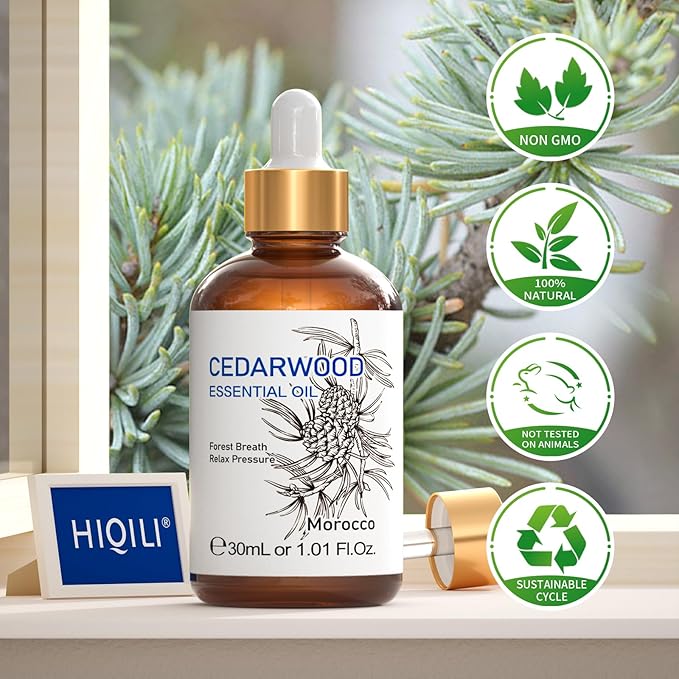 HIQILI 1 Fl Oz Cedarwood Essential Oil, Pure Natural Cedarwood Oil for Hair, Diffuser, Aromatherapy - 30ML