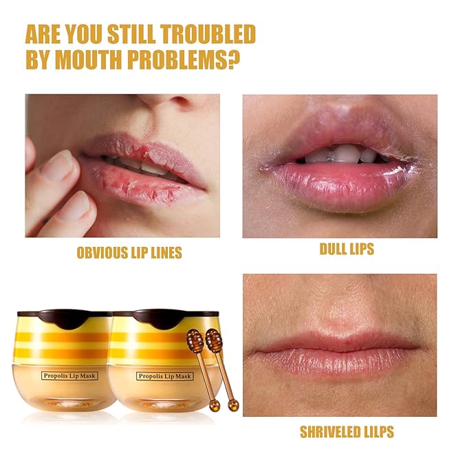 Lip Balm Honey Pot Propolis Lip Mask, Strawberry Honey Lip Sleep Mask Moisturizing Prevention Dry and Cracked Lip Scrubs Exfoliator, Reduces Lip Lines (2packs strawberry+2packs honey)