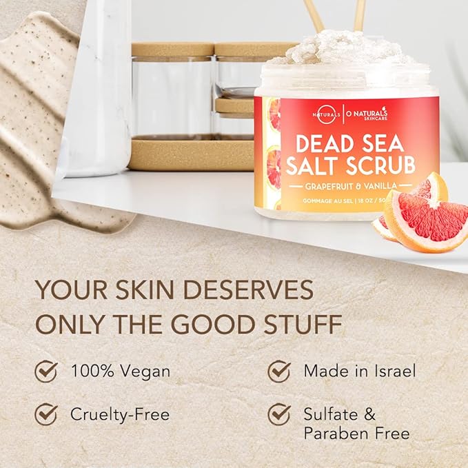 O Naturals Exfoliating Dead Sea Salt Grapefruit Essential Oil Face Body & Foot Scrub. w/Vanilla &. Hydrating Exfoliate Dead Skin, Men & Women Scrub 18oz