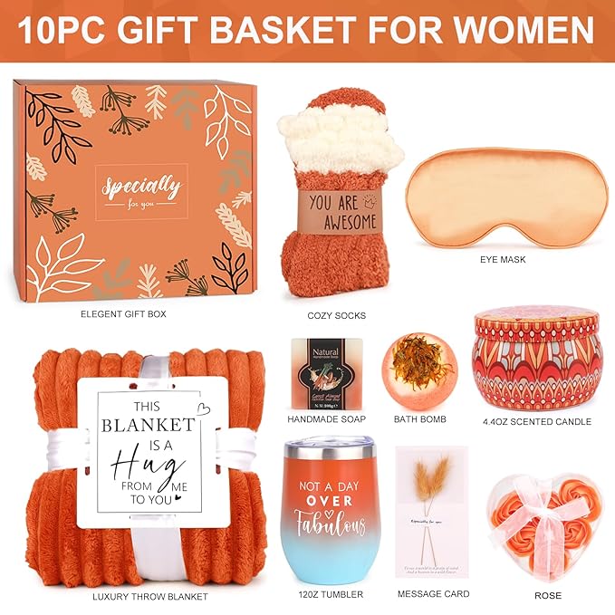 Mother’s Day Gifts Baskets for Women Mom Her Wife Girlfriend,Birthday Gifts for Women Teacher Friend w/Cozy Blanket Rose Relaxing Spa Gifts Set,Self Care Get Well Gifts for Her Valentines Mothers Day