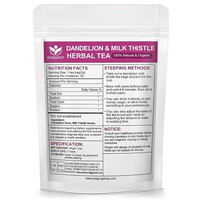 Dried Dandelion Root with Milk Thistle Tea - Natural Dandelion Root and Milk Thistle Herbal Tea bags for Liver Cleanse, Antioxidant and Immune Support, Caffeine Free - 30 Tea Bags