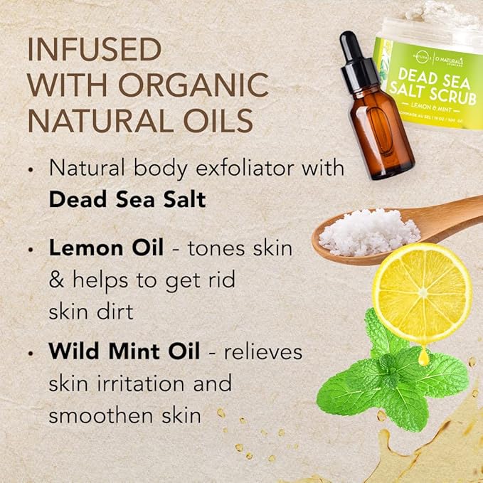 O Naturals Exfoliating Lemon Oil Dead Sea Salt Deep-Cleansing Face & Body Scrub. Anti-Cellulite Tones Helps Oily Skin, Acne, Ingrown Hairs & Dead Skin Remover. Essential Oils, Sweet Almond 18oz