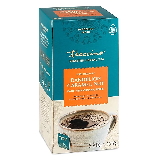 Teeccino Dandelion Caramel Nut Tea - Caffeine Free, Roasted Herbal Tea with Prebiotics, 3x More Herbs than Regular Tea Bags, Gluten Free - 25 Tea Bags (Pack of 3)