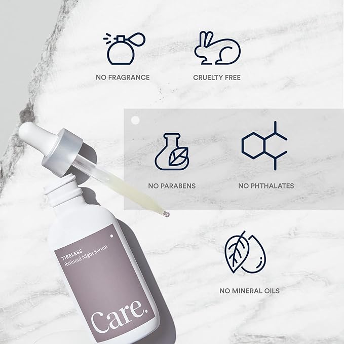 Care Skincare - Tireless Retinoid Serum for Face, Paraben-Free Vegan Night Serum with Hyaluronic Acid, Squalane, and Granactive Retinoid, Improves Dark Spots and Promotes Cell Renewal (1 oz)