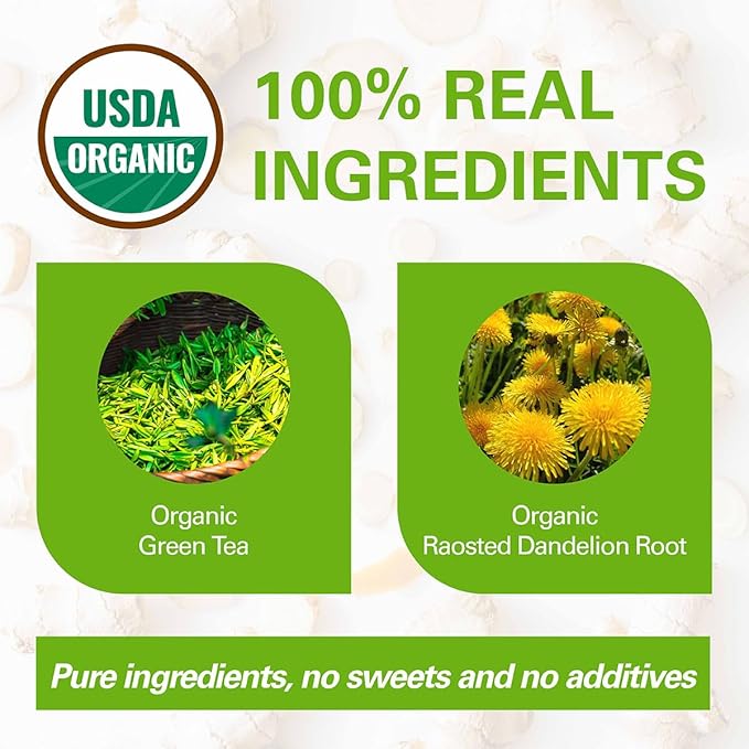 WT WEETEE Organic Green Tea Dandelion, Made of Organic Roasted Dandelion Root and Green Tea, 50 Tea Bags, Rich in Antioxidants & Liver Support