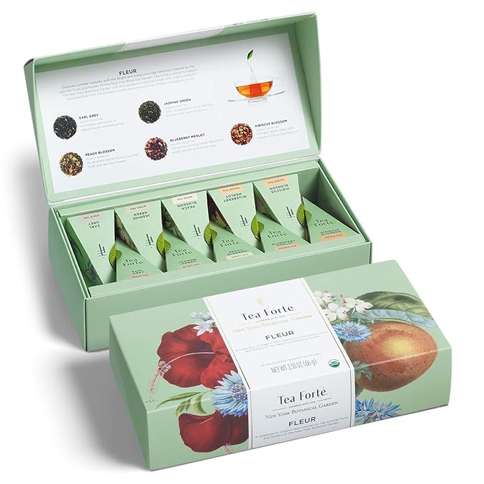 Tea Forte Fleur Petite Presentation Box Mother's Day Tea Gift Set Sampler, 10 Count, 2 of Each Variety Individually Wrapped Handcrafted Pyramid Infuser Bags