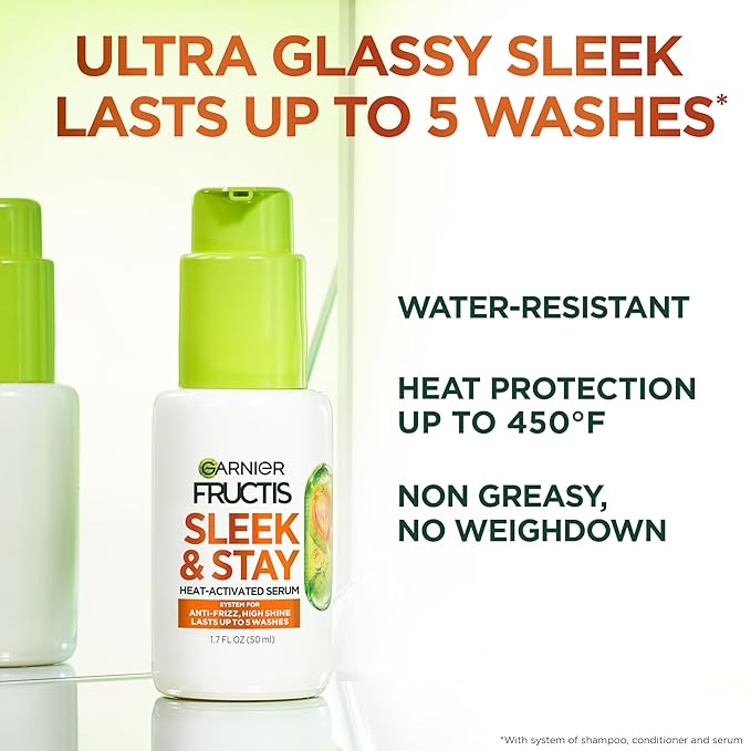 Garnier Fructis Sleek and Shine Sleek and Stay Hair Serum for Frizzy, Dry Hair, Heat Protectant Formulated with Alpha Silane, 1.7 Fl Oz