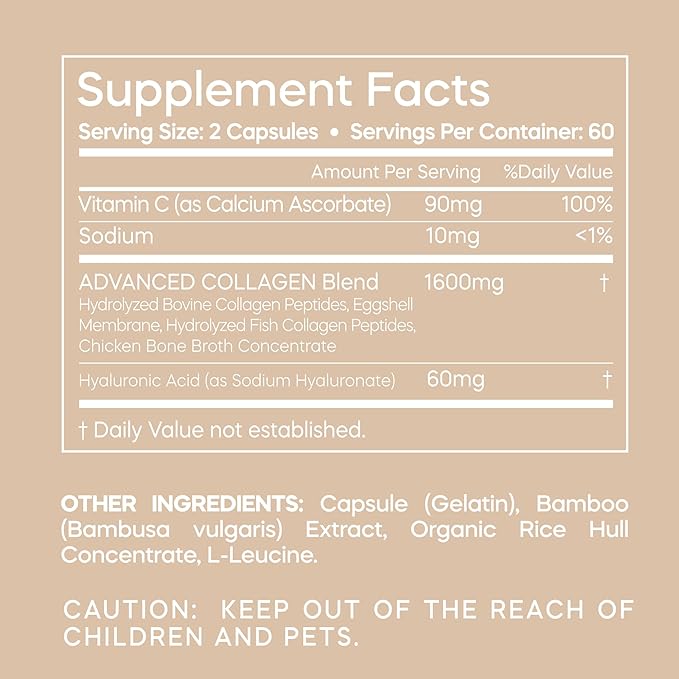 Multi-Collagen Peptides + Hyaluronic Acid β Type I II III V X β Skin, Hair & Joint Support β 120 Capsules.