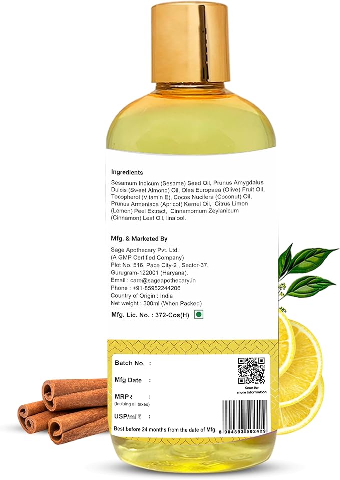 Lemon Cinnamon Massage Oil for Relaxed & Replenished Skin | No Parabens & Sulphates | Cruelty Free & Vegan Pure Natural Ingredients 300 ml