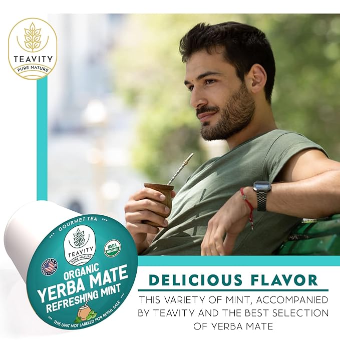 Organic Yerba Mate Refreshing Mint Tea Pods - Naturally Caffeinated Yerba Mate Tea Pod for Keurig Brewers by Teavity (36 Tea Pods)
