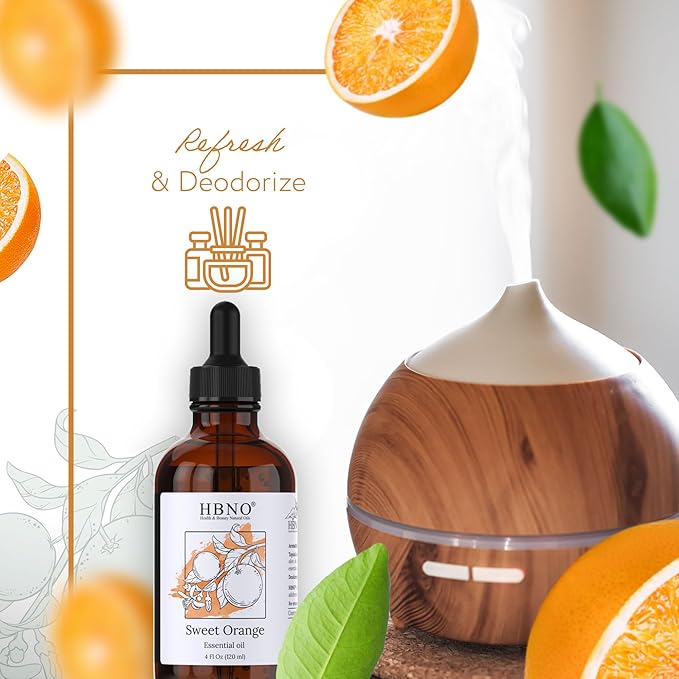 HBNO California Bottled Orange Essential Oil 4 fl oz (120ml) Value Size - Natural Orange Oil, Cold Pressed - Perfect for Cleaning, Aromatherapy, DIY, Soap & Diffuser -