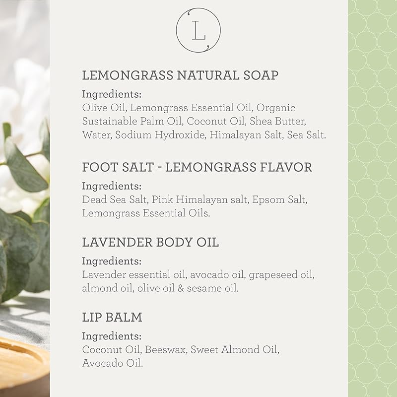 Lizush Lemongrass 6-Piece Spa Gift Set for Women - Relaxing Self-Care Basket, Luxury Handmade Body Care Items for Premium Relaxation - With Love - Handmade in the USA