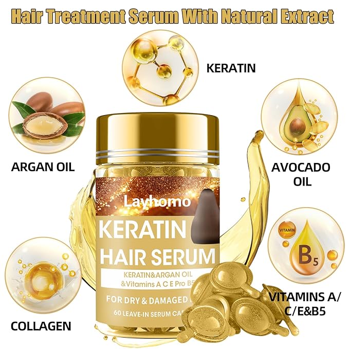 Keratin Hair Treatment Serum,60 Capsules Hair Treatment Oil for Dry Damaged Hair,Hair Oil with Keratin,Argan Oil-Leave-in Anti Frizz Conditioner with Vitamins A, C, E & B5- No Rinse for All Hair Types