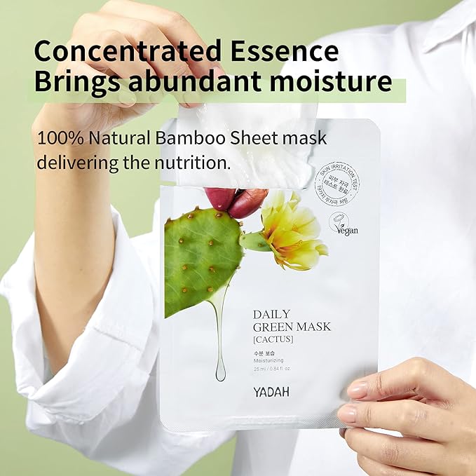 YADAH Daily Green Facial Sheet Mask, Cactus, Pack of 5 – Vegan 100% Eco-friendly Bamboo Sheet for Skin Moisturizing