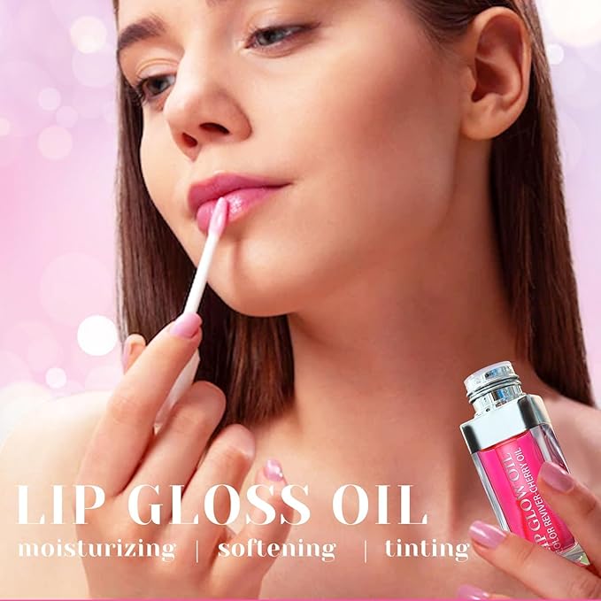 Plumping Lip Oil, Hydrating Gloss Tinted Lip Balm Transparent Lip Care, Big Brush Head Glitter Shine, Long Lasting Nourishing Non-sticky Fresh Texture(RASPBERRY)