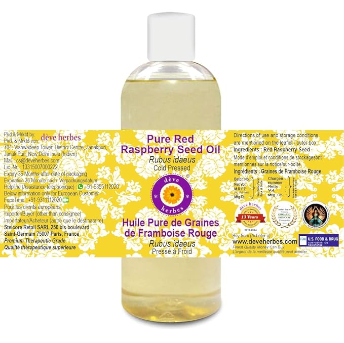 Deve Herbes Pure Red Raspberry Seed Oil (Rubus idaeus) Cold Pressed 200ml (6.76 oz)