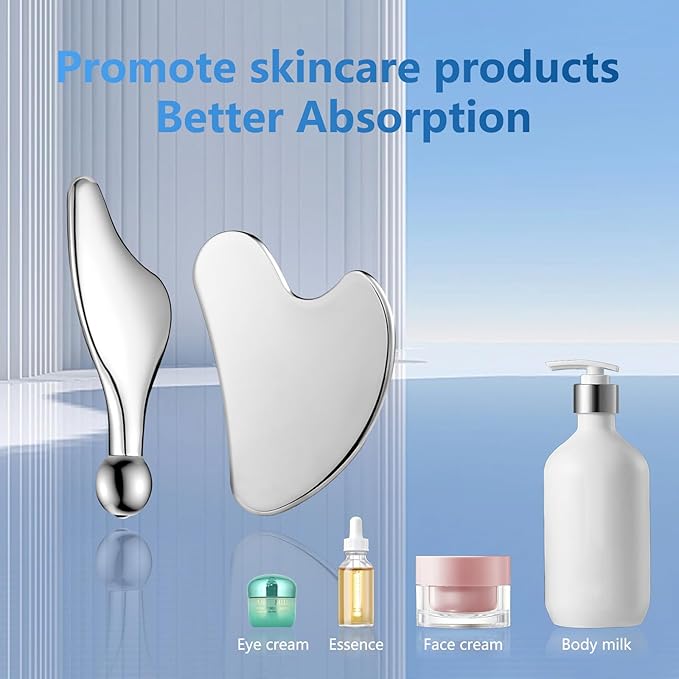 Stainless Steel Gua Sha Facial Tools Guasha for Face Metal Gua Sha Tighten Skin Massage,Guasha Beauty Tool Manual Massage Sticks for Jawline Sculpting,Puffiness Reducing and Body Massager