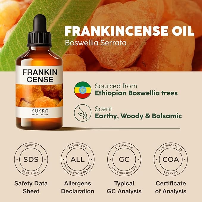 Kukka Frankincense Essential Oil for Face & Skin - 4 Fl Oz - 100% Pure Natural Frankincense Oil Made from Ethiopia Resin - A Holy & Woody Scent for Body Comfort, Aromatherapy & DIY Soap Making