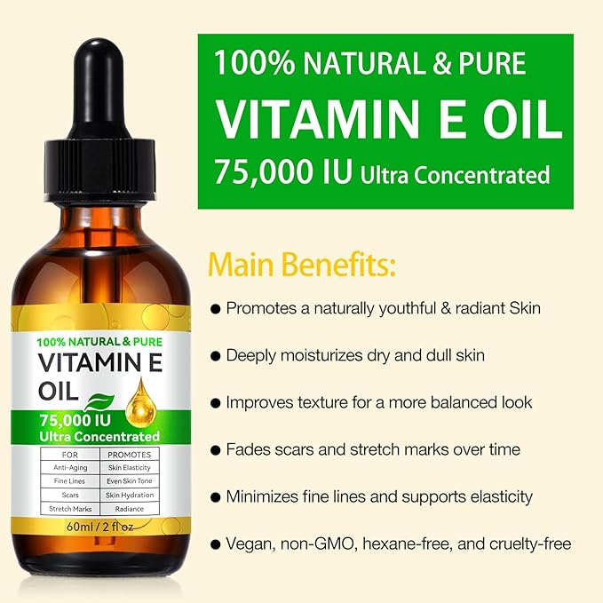 Pure Vitamin E Oil, 60ML Natural Organic Vitamin E Oil for Skin, Face and Scars, Body Massage Moisturizing Dry Skin, Nourish Hair and Scalp, 2 fl.oz