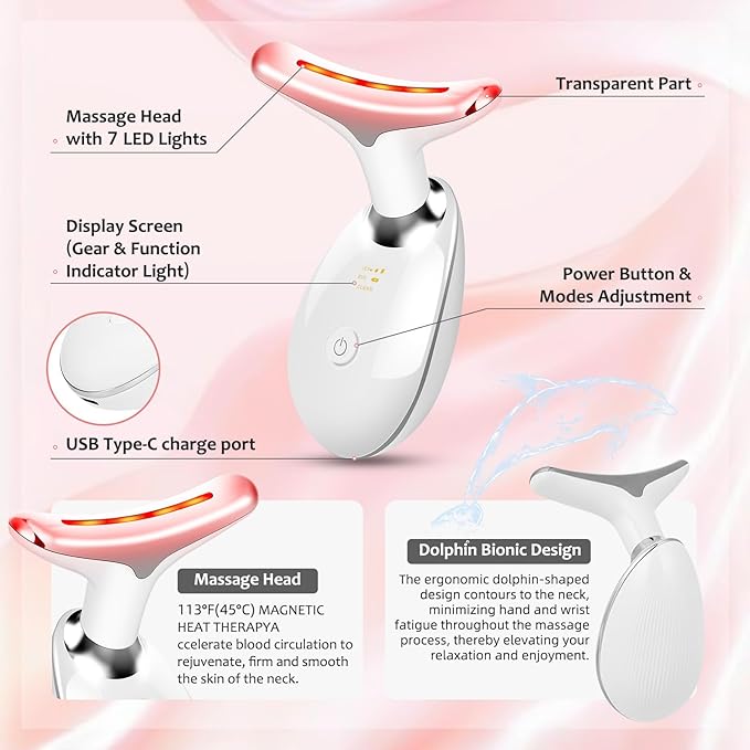 Face Massager Tool, Facial Massager 7 Color, Facial and Neck Massager, Multifunctional Facial Skin Care Tool, Face Neck Massager for Daily Skin Care Routine, White