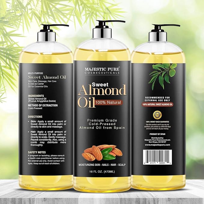 MAJESTIC PURE Sweet Almond Oil, Triple A Grade Quality, Pure and Natural from Spain, Cold Pressed, (Packaging May Vary) - 16 fl. Oz