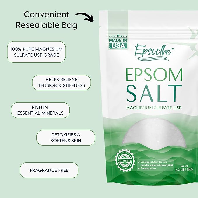 Epsoothe 2.2 Lbs Epsom Salt Bath & Foot Soak and Scrub | Pure & Natural Magnesium Sulfate USP | Relieves Sore Muscles & Joints, Promotes Healing