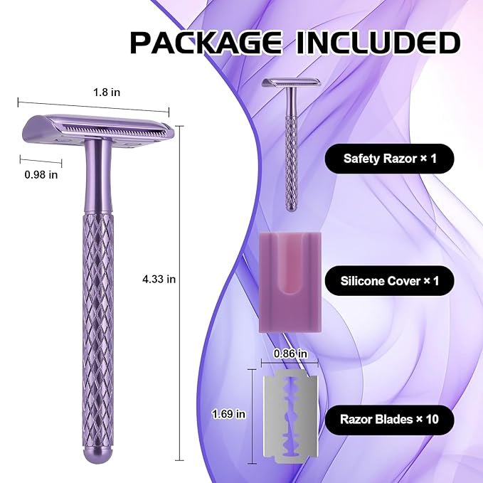Double Edge Safety Razor for Women Purple with 10 Blades and Silicone Cover - Durable Metal Eco-Friendly Single Blade Razor - Closed Smooth Shave