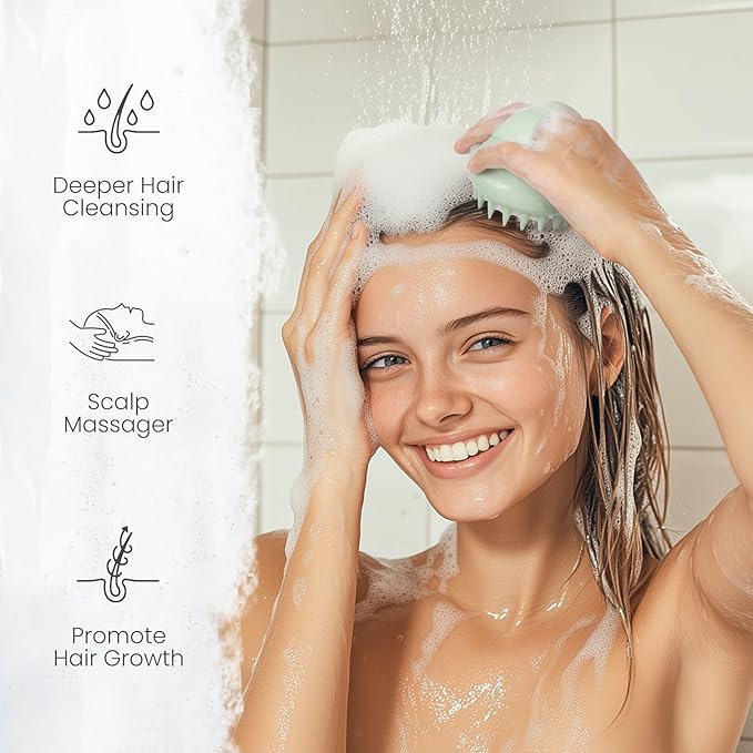 AIMIKE Scalp Massager Shampoo Brush, Soft Silicone Scalp Brush Hair Scrubber, Hair Washing Scalp Exfoliating Brush for Dandruff, Head Scrubber for Wet Dry Hair of Women Men Kids, Beige & Green