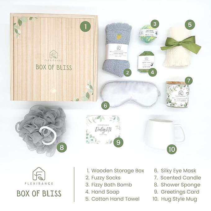 Mothers Day Gifts for Woman, Get Well Soon Gift Baskets for Women, Relaxing gifts for Women, Self Care Gifts, Spa kit for Woman, Wooden Box, Green Gifts for Wife, Girlfriend