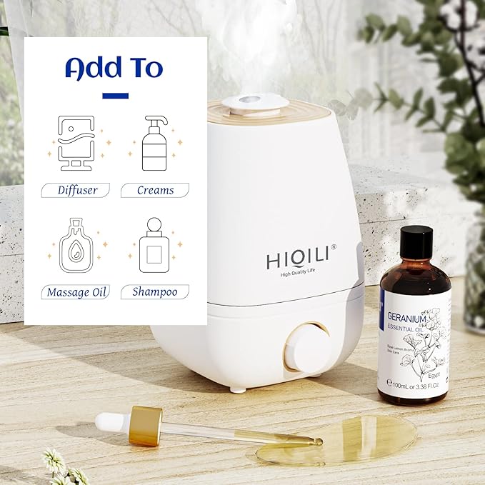 HIQILI 100ML Geranium Essential Oil for Skin, Diffuser & Candle, 100% Pure and Natural - 3.38 Fl Oz