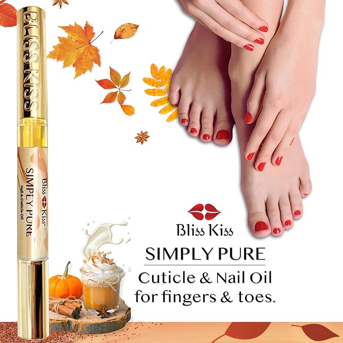 Bliss Kiss | 4 Pumpkin Spice Latte Scent Nail | Oil Cuticle Pen w/Vitamin E & Jojoba⏤Nail Strengthener Nail Growth Serum for Brittle Peeling Breaking Thin Nails