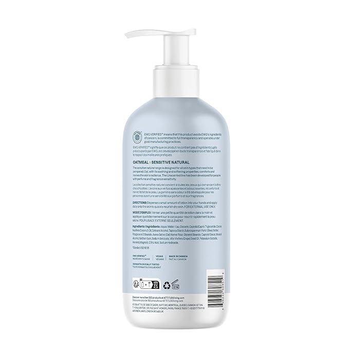 ATTITUDE Body Lotion for Sensitive Skin with Oat, EWG Verified, Dermatologically Tested, Vegan, Extra Gentle, Unscented, 16 Fl Oz