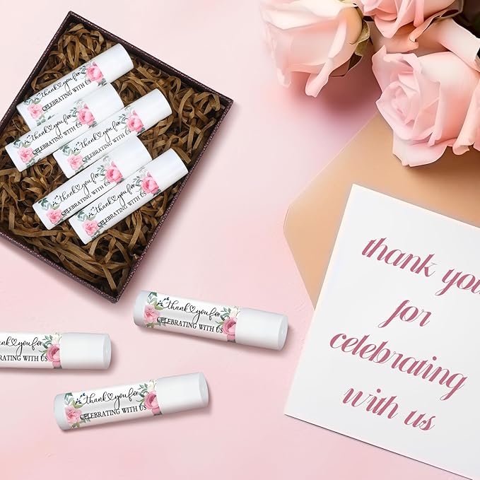 50 Pcs Pink Flowers Wedding Bridal Shower Gifts Bulk Floral Lip Balm Baby Shower Party Favors Thank You Appreciation Gifts for Women Tea Bachelorette Party