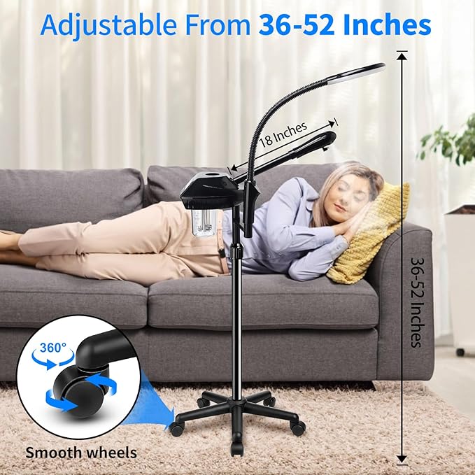 Professional Facial Steamer on Wheels, 2-in-1 Facial Steamers with 5X Magnifying Lamp, Ozone Facial Steamer for Facial Deep Cleaning, Facial Humidifier for Spa, Salon and at Home Use