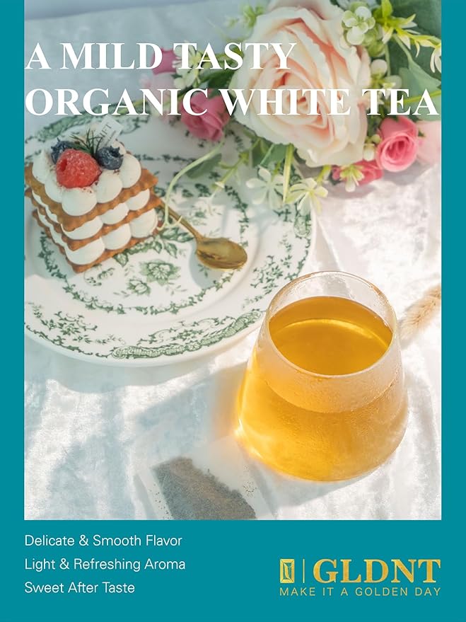 GLDNT Organic White Tea Bags, Natural Premium Organic White Tea, Mellow & Delicate Taste, Caffeinated, 100 Count