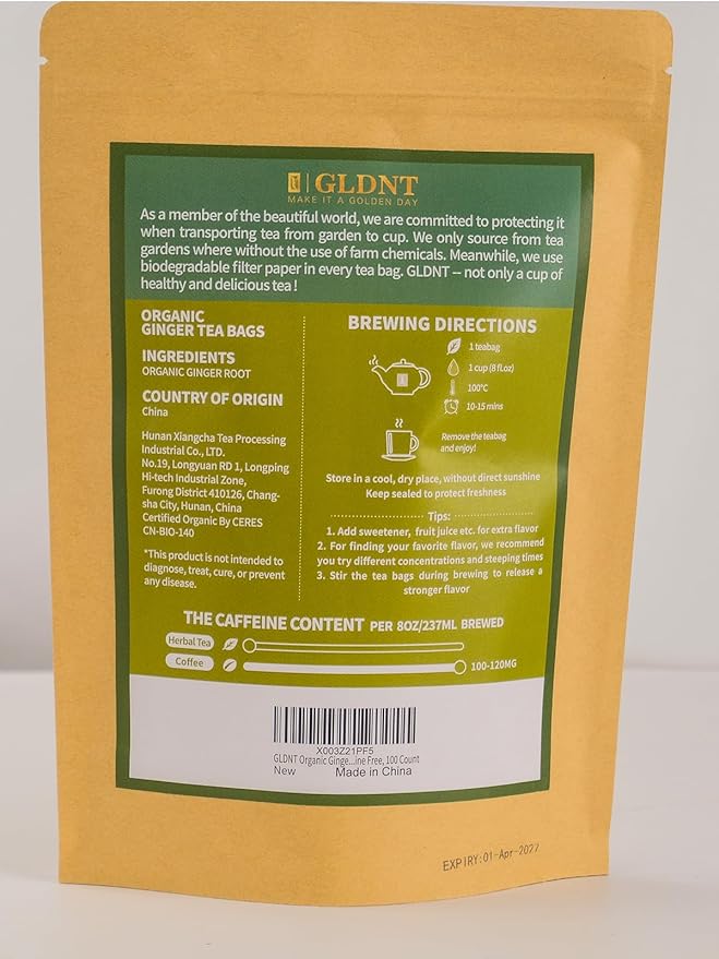 GLDNT Organic Ginger Tea Bags, Natural Organic Ginger Root Tea, Spicy & Zesty Flavor, Caffeine Free, 100 Count