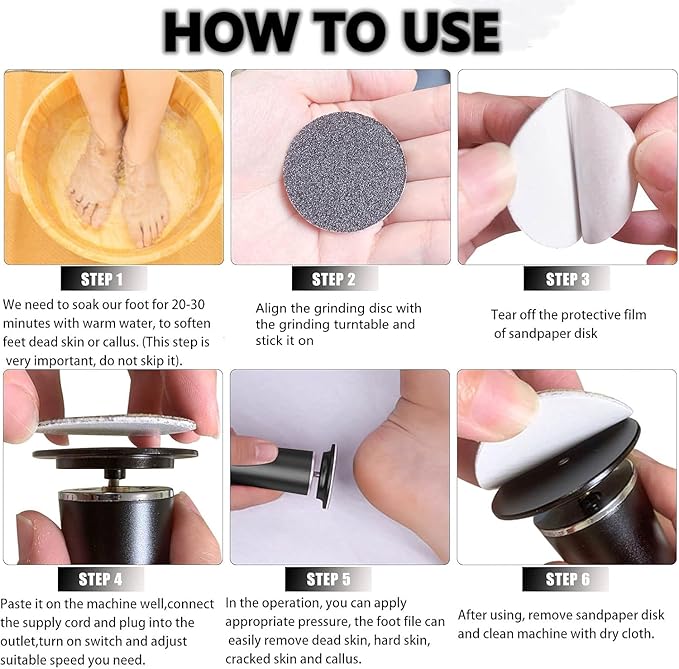 Electronic Foot File Grinder (Speed Adjustable) with 60pcs Replacement Sandpaper Disk,Electric Foot Scrubber Dead Skin Remover,for Feet Hard Cracked Dry Dead Skin Exfoliation,Unisex(Black)