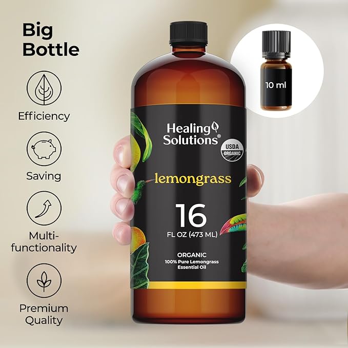 Healing Solutions Organic Lemongrass Essential Oil - 16oz Bulk for Candle Making, Aromatherapy, Cleaning & Diffuser - Organic Lemon Grass