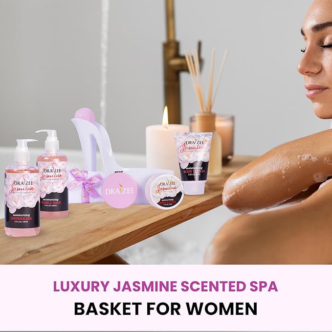 Draizee Mothers Day Gifts for Mom-Spa Gift Baskets for Women-8 Pcs Luxury Jasmine Scented Heel Shoe Design Bath and Body Spa Set Self Care Package for Women, Presents for Mom-Body Care Set for Her