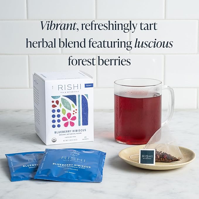 Rishi Tea Blueberry Hibiscus Herbal Tea - USDA Organic, Direct Trade Sachet Bags, Antioxidants, Caffeine Free, Sweet, Tangy - 15 Count (Pack of 1)