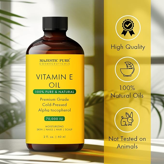 Majestic Pure Vitamin E Oil - 100% Pure & Natural | Premium Grade, Cold-Pressed and Tocopherol to Repair Dry, Damaged Skin | Moisturizing Skin, Hair and Scalp 2 Fl Oz