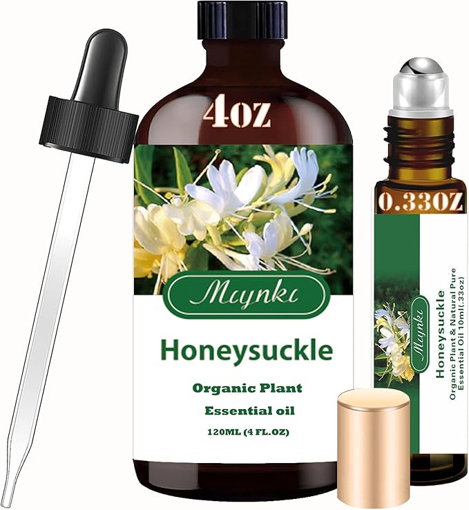4 Fl Oz/120 ml Honeysuckle Essential Oil, Send Gift Roll-on (10 ml) - 100% Natural, Aromatherapy, Diffuser, Massage, Yoga, DIY Soap and Candle Making, Fragrance Oils, Spa Skin Care