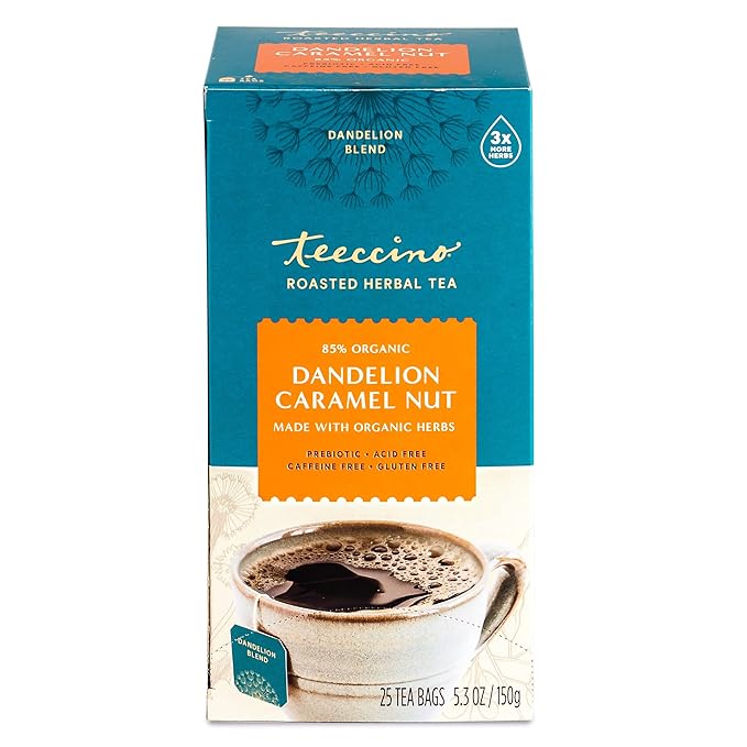 Teeccino Dandelion Caramel Nut Tea, 25 Tea Bags - Caffeine Free, Roasted Herbal Tea with Prebiotics, 3x More Herbs than Regular Tea Bags, Gluten Free, Great Hot or Iced, Herbal Tea