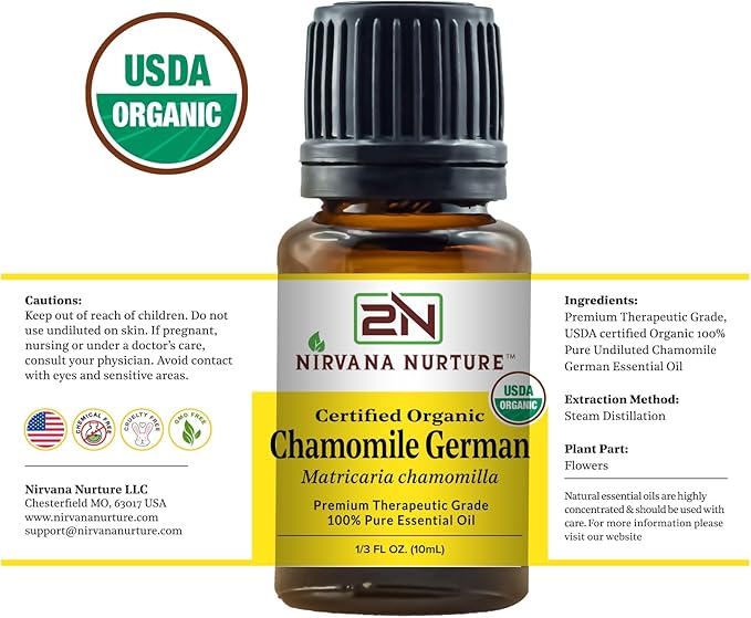 Chamomile German Essential Oil USDA Certified Organic 100% Pure Premium Therapeutic Grade, Undiluted - Aromatherapy Diffuser for Calm and Relaxation, Skin Care, Hair Care