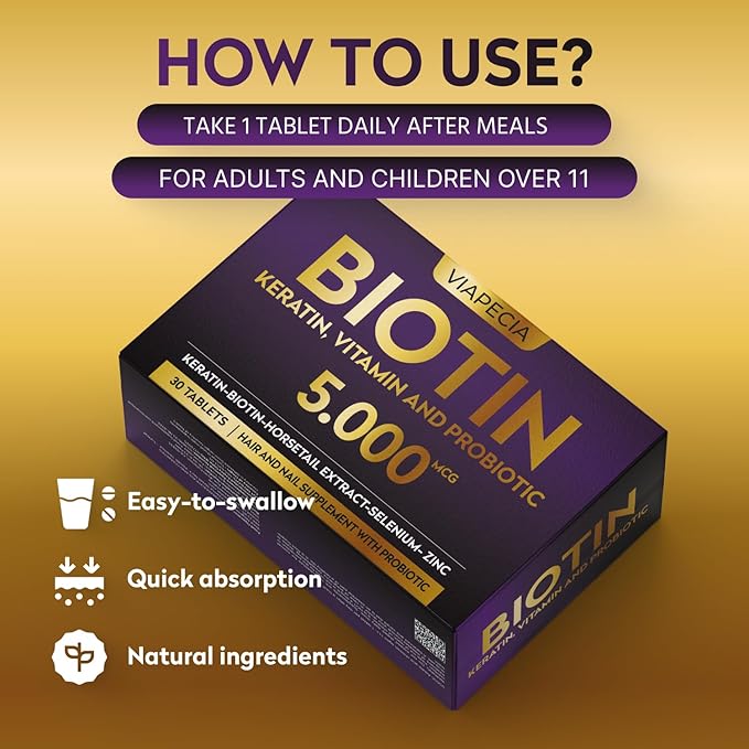 Biotin 5000Mcg - High Potency Biotin Supplement for Hair Growth - Hair Skin Nails Vitamins for Women - Supports Keratin Production and Tissue Regeneration - Vitamins and Supplements - 30 Capsules