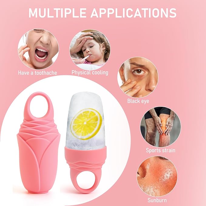 3 Pcs Facial Ice Roller Silicone Mold Reusable for Face Women and Eye Neck Cold Skin Care Tools Freezer De Puff Eyes Bags Reduce Migraine Pain Pink