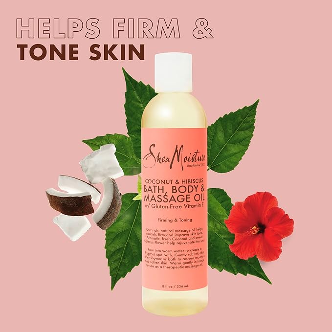 SheaMoisture Bath, Body & Massage Oil, Coconut & Hibiscus, 2-Pack – Illuminating Moisturizer for Dry Skin, 8 Oz Ea
