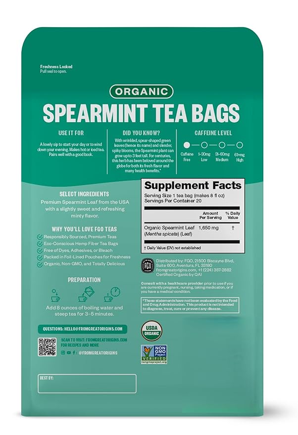 FGO Organic Spearmint Leaf Herbal Tea, 20 Count, Eco-Conscious Tea Bags, Caffine Free, Resealable Bag, Packaging May Vary (Pack of 1)