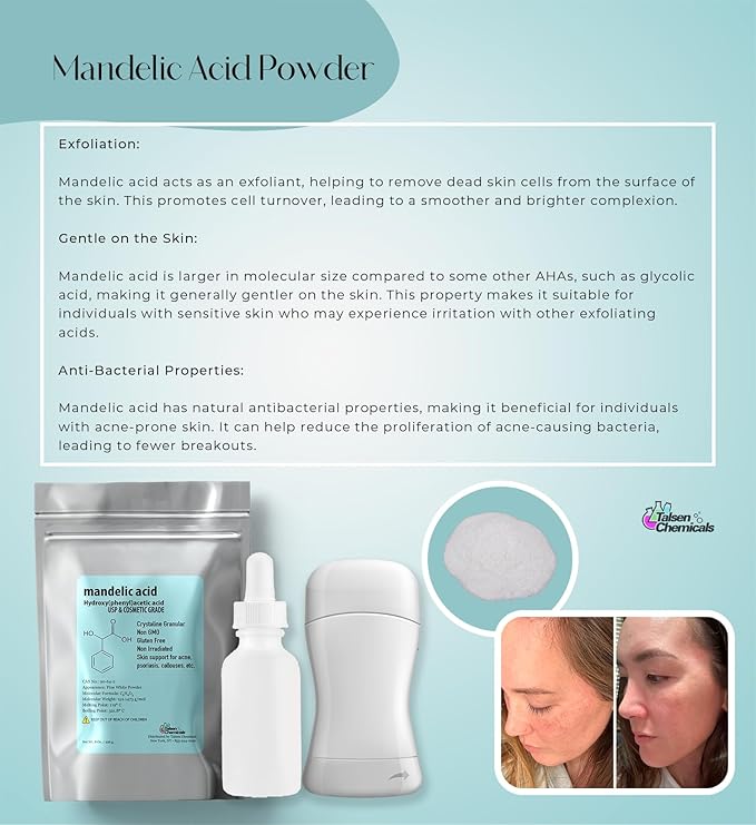 Mandelic Acid Powder 99.9% Purity, DIY Cosmetic Grade For Mandelic Acid Serum, Peel/Mask or add to Cream, Moisturizer (2 Ounce / 56 Gram)