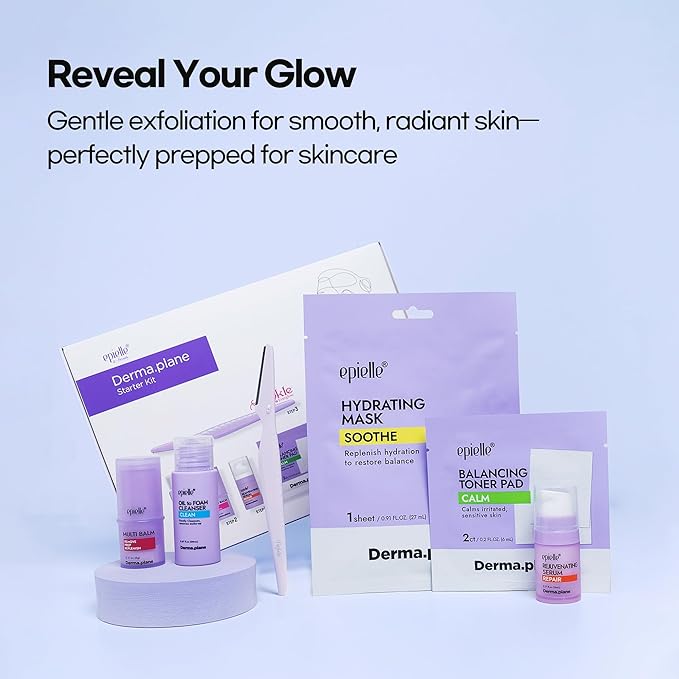 epielle & Tinkle Complete Safe Dermaplane Starter Kit: Safe Facial Renewal System Cleanser, Multi-Balm, Dermaplane Tool, Hydrating Mask & Serum, Peach Fuzz Removal Stocking Stuffer Dermaplaning Kit